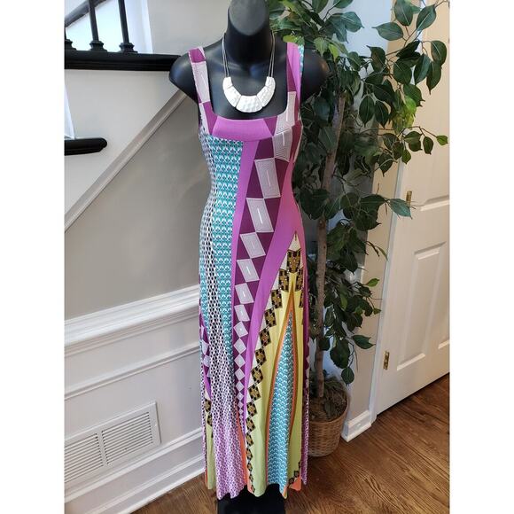 Luz & Sombra Long Maxi Dress Women Medium Multi Geo Print Wide Strap Square Neck - Picture 2 of 11